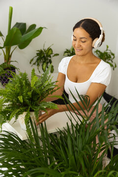 Ethnic woman in headset touching Asplenium leaves in house garden