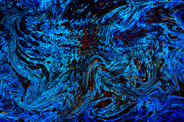 Deep rusty blue, black and gold rough texture in close up, ancient and retro with swirl oil painting and mysterious feeling. Inspired for a creative background with copy space.