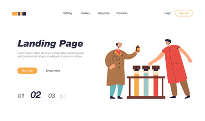Pharmacists doing research in laboratory. Medical characters analyzing test tubes flat vector illustration. Medicine, healthcare, pharmacy concept for banner, website design or landing web page
