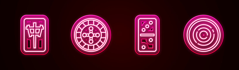 Set line Mahjong pieces, Casino roulette wheel, Domino and Checker game chips. Glowing neon icon. Vector