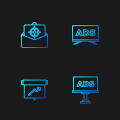 Set line Advertising, Board with graph chart, Mail and e-mail and . Gradient color icons. Vector