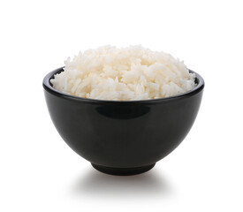 rice in black bowl on white background
