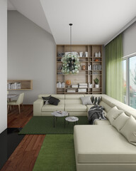 Interior of luxury apartment in green color. Comfortable living room with open space.