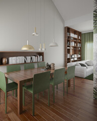 Interior of luxury apartment in green color. Comfortable dining room with open space.