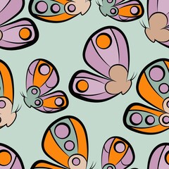 Seamless pattern with bright butterflies in cartoon style. Purple-orange butterflies. 