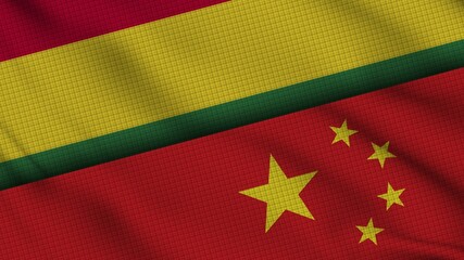 Bolivia and China Flags Together, Wavy Fabric, Breaking News, Political Diplomacy Crisis Concept, 3D Illustration