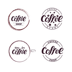 Obraz premium Coffee shop, coffee beans, time for coffee, logo, circles, coffee cup, brown stylish color, logotype for business, cafe, shop, identical design, flyer, sticker, ads, signage.