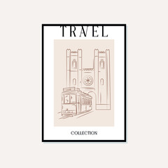 Hand drawn line art travel vector poster. Bohemian Minimal, boho style and natural wall art for print, cover, wallpaper.
