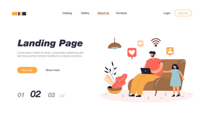 Father surfing internet and ignoring daughter. Man sitting on chair with laptop, sad girl calling dad flat vector illustration. Family, parenting, communication concept for banner, website design