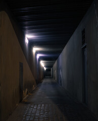 abandoned underground tunnel straight path dangerous slums place without people here electricity lamp top