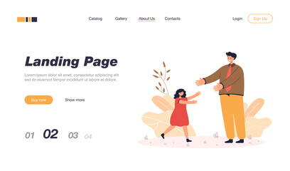 Daughter greeting father after work. Happy little girl running towards man in uniform flat vector illustration. Family, relationship, childhood concept for banner, website design or landing web page