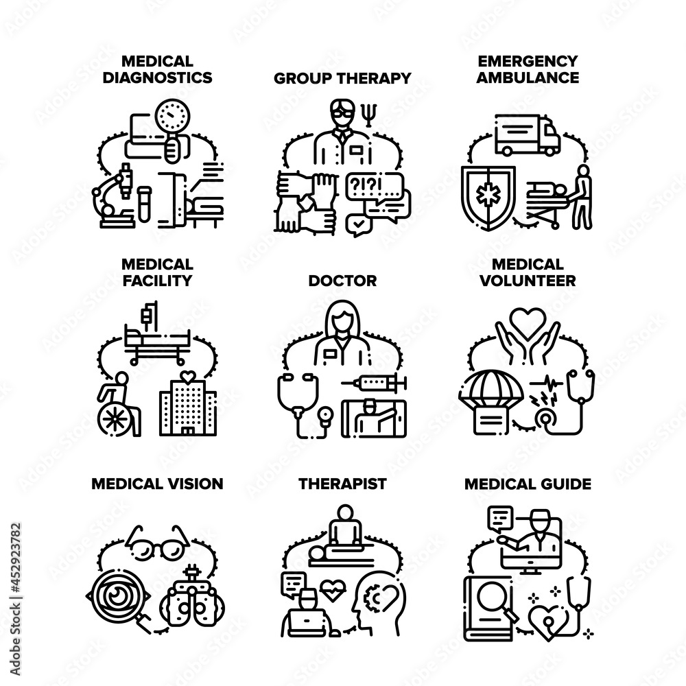 Sticker Medical Therapy Set Icons Vector Illustrations. Medical Therapy And Diagnostics, Doctor Therapist And Ambulance First Aid, Volunteer And Guide, Facility And Vision Examining Black Illustration