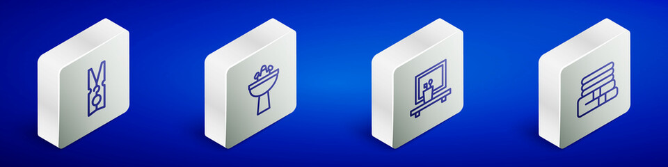 Set Isometric line Clothes pin, Washbasin with water tap, mirror and Towel stack icon. Vector