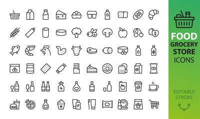 Supermarket grocery store isolated icons set. Set of milk, cheese, eggs, bread, meat, fish, vegetables, fruits, berries, nuts, alcohol, tea, coffee, sweets, full grocery cart vector icons