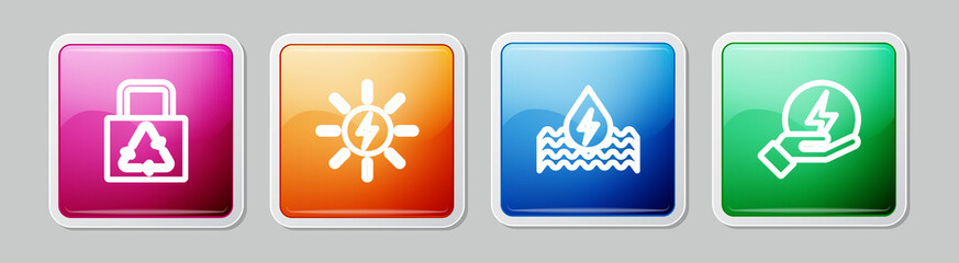 Set line Paper bag with recycle, Solar energy panel, Water and Lightning bolt. Colorful square button. Vector
