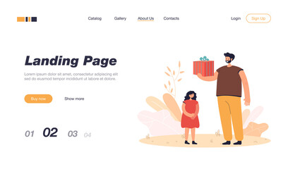 Father giving present to daughter. Happy man with box, gift for child flat vector illustration. Birthday, family, parenting, celebration concept for banner, website design or landing web page