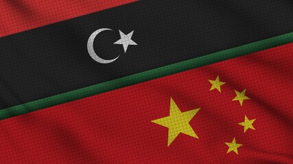 Libya and China Flags Together, Wavy Fabric, Breaking News, Political Diplomacy Crisis Concept, 3D Illustration