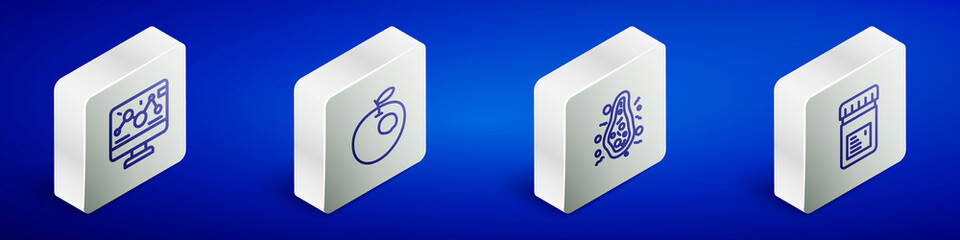 Set Isometric line Genetic engineering modification, Genetically modified apple, Bacteria and Jar with additives icon. Vector