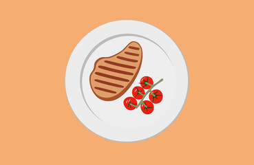 Food. Meal.Eating.Dinner.Breakfast. Lunch.Grill roast fry meat steak with vegetables on white ceramic plate.Close up top view.Kitchen dishes and utensils. Grill tomatoes.Color flat vector illustration