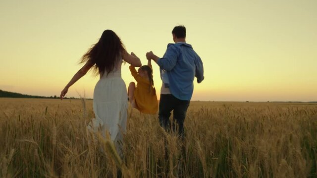 The child plays, jumps, runs next to mom, dad holding hands in the field. Happy family walk in a wheat field at sunset. A family of farmers. Parents, dear baby, happily walk together in rays of sun.