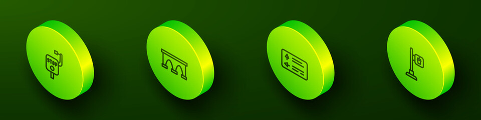 Set Isometric line Emergency brake, Bridge for train, Road traffic signpost and Cafe and restaurant location icon. Vector