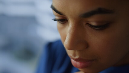 Thoughtful businesswoman face closeup. Businesswoman thinking problem solution