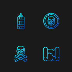 Set line Pirate treasure map, Skull on crossbones, Dynamite bomb and coin. Gradient color icons. Vector