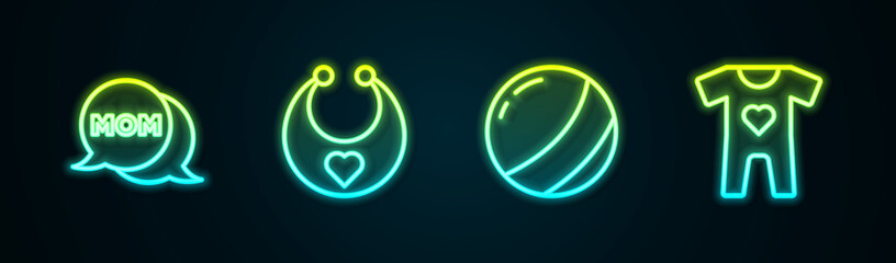 Set line Speech bubble mom, Baby bib, Beach ball and clothes. Glowing neon icon. Vector
