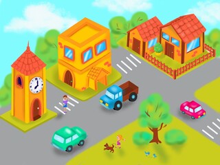 City street panoramic city landscape in isometric style