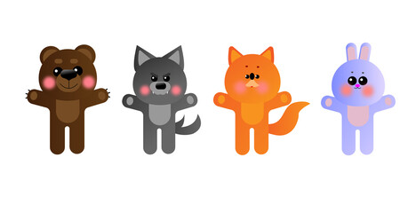 Funny Animal illustration Icon Set wolf bear fox hare