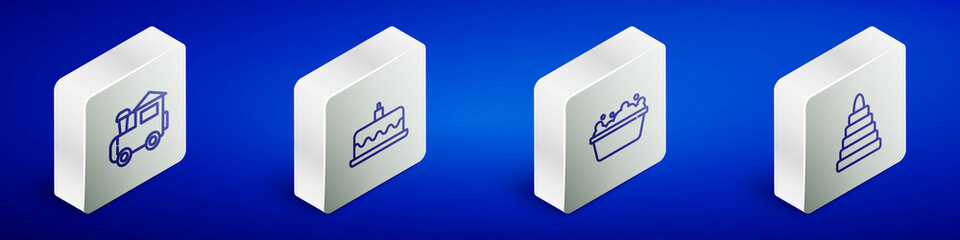 Set Isometric line Toy train, Cake with burning candles, Baby bathtub and Pyramid toy icon. Vector