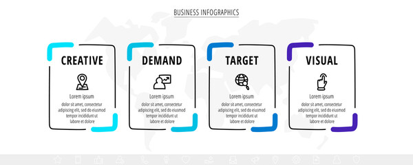 Business vector hand-drawn infographics with four rectangles and icons. Timeline visualization with 4 steps and squares for diagram, flowchart, banner, presentations, web, chart, graphic