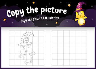 copy the picture kids game and coloring page with a cute chick using halloween costume
