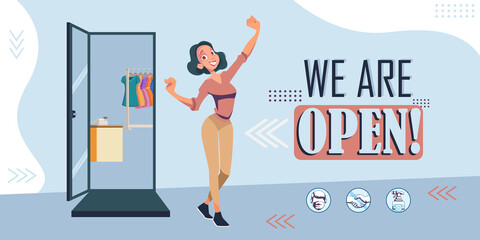 We are open again after quarantine. Reopening. Welcome back after pandemic. Small business, cafe, shop, store, salon. Store opened after coronavirus quarantine