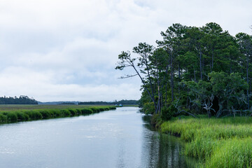 Distant boats moored in the waterway of a salt marsh, trees and distant treeline, early morning, horizontal aspect