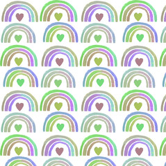 Hand drawn seamless pattern with watercolor rainbows. Cute colorful kids elements with hearts on white.