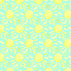 Seamless pattern with watercolor sun isolated on blue background. Kids endlles ornament. Vector illustration
