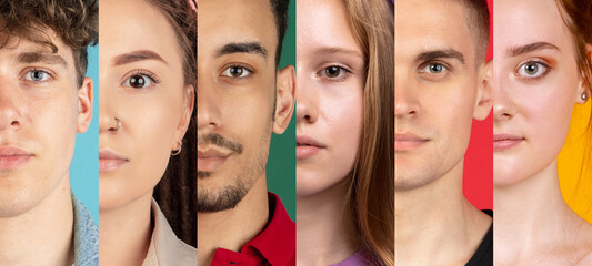 Cropped portraits of young multiethnic men and women on multicolored background. Collage made of 6 models. Concept of youth, unity, equality and diversity