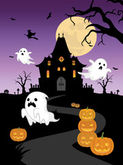 ハロウィンのイラスト　お化け屋敷と幽霊とカボチャのランタン