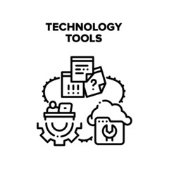 Technology Tools Vector Icon Concept. Technology Tools For Developing And Repair Cloud Storage, Paper List For Writing Reminder Or Task. Programmer Professional Occupation Black Illustration