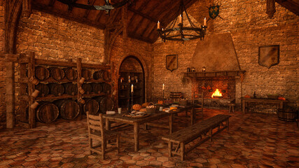 Fototapeta na wymiar 3d rendering of a large old medieval castle kitchen interior.
