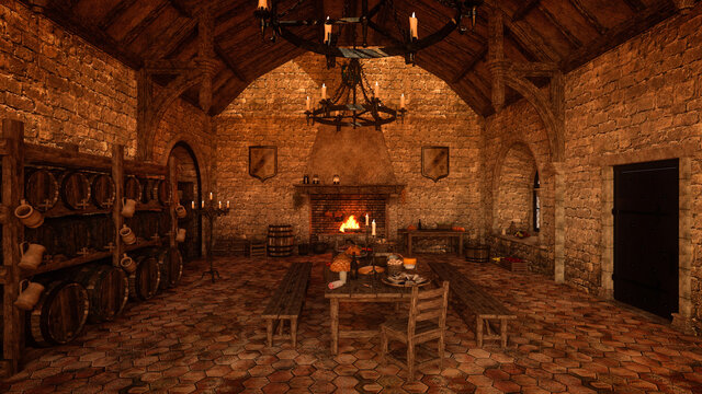 3D rendering of an old medieval kitchen with stone floor and walls, wine barrels, a table and open fire burning.