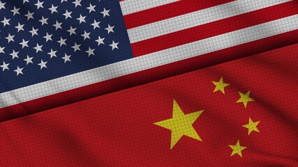 United States of America and China Flags Together, Wavy Fabric, Breaking News, Political Diplomacy Crisis Concept, 3D Illustration