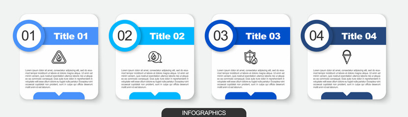 Set line Fire flame in triangle, Telephone call 911, protection shield and cone bucket. Business infographic template. Vector