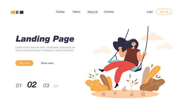 Happy girl and sitting on swing, smiling and swinging flat vector illustration. Cartoon female character in good mood having fun outdoors. Leisure and lifestyle concept - Powered by Adobe