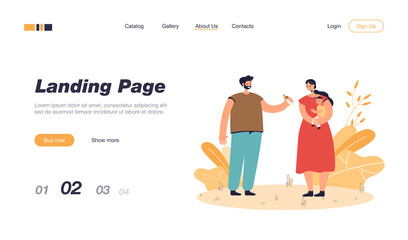 Father giving milk bottle for baby to mother. Female character holding child, man helping wife flat vector illustration. Family, parenting concept for banner, website design or landing web page