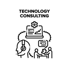 Technology Consulting Vector Icon Concept. Technology Consulting Worker Advising Customer Online, Support Service Advisor Consult Client On Call Or In Electronics Store Black Illustration