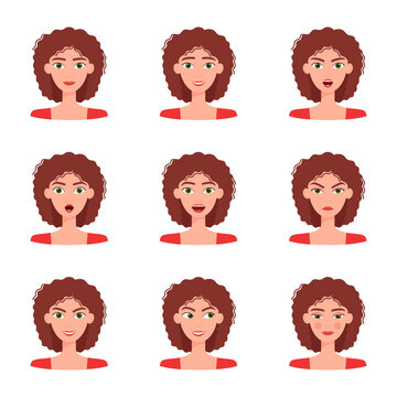 Set of emotions of beautiful girl. Collection of different female emotions, vector illustration