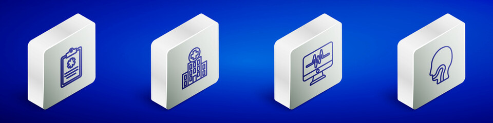 Set Isometric line Clinical record, Medical hospital building, Monitor with cardiogram and Sore throat icon. Vector