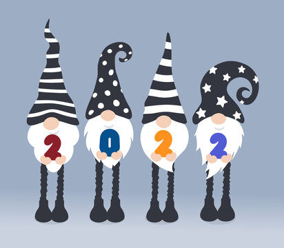 Happy New Year 2022 poster design with gnomes, christmass characters for decoration of winter season december holidays branding, new year banner, 20 22 calendar cover, greeting card